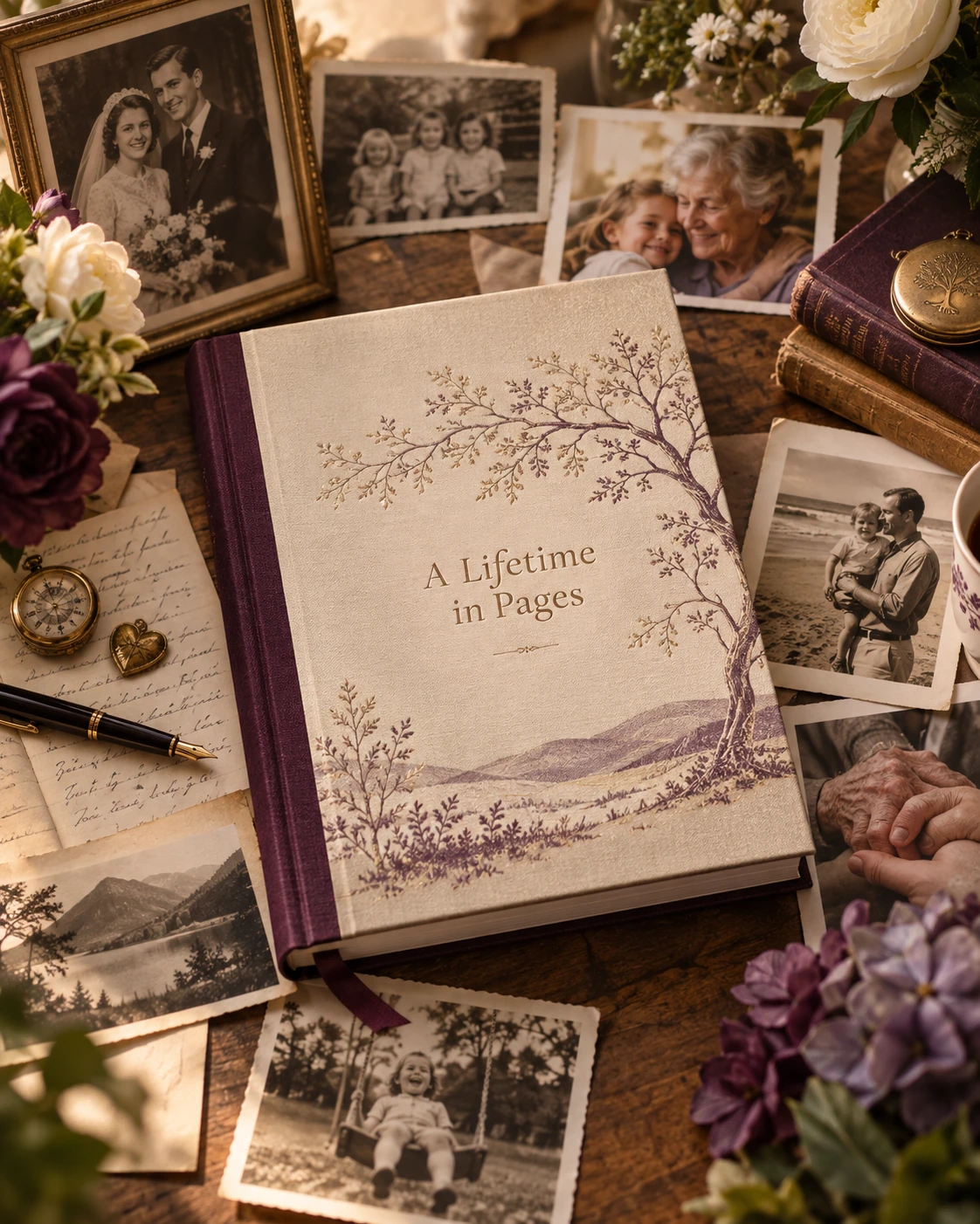 A bespoke family memory book surrounded by photographs and keepsakes